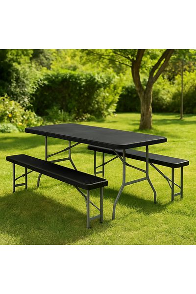 SERSIMO Set Masa Pliabila Cu 2 Banci, 180 Cm, Negru, Hdpe Si Cadru Metalic Anticoroziv