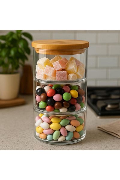 ENYAZA(2024) 3 Layer Vacuum Glass Sugar Bowl with Bamboo Lid - Turkish Delight Bowl - Dragee - Breakfast - Snack Bowl 900 ml