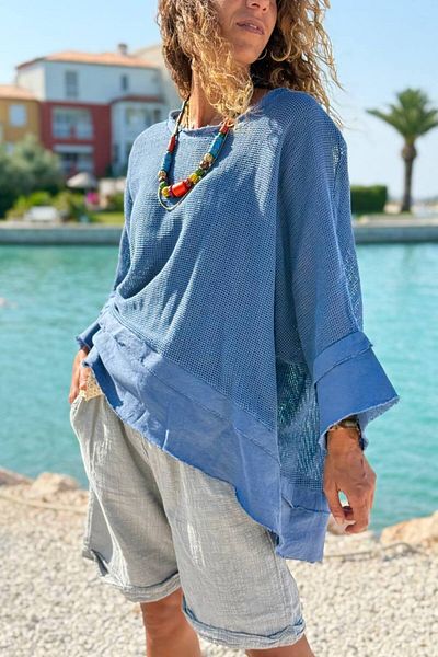 Güneşkızı Italian Navy Blue Boat Neck 3/4 Sleeve Lined Dirty Stitching Mesh Loose Woven Blouse 65 75