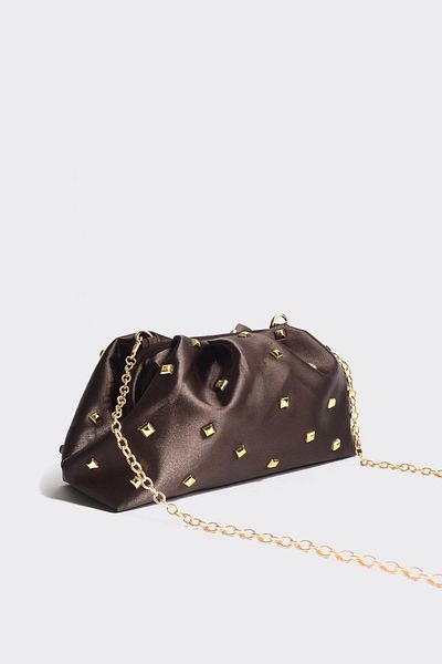 Berlesi Bitter Brown Women's Satin Gold Stone Clutch Evening Dress Bag