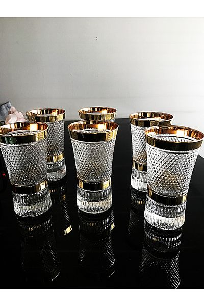 DECOSTYLE Beyzade Gold Paşabahçe 420055 300 Cc Decorated Hand Embroidered Soft Drink and Water Glass Set of 6