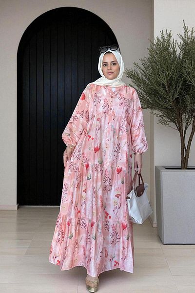Aselim Hijap Moda Καλοκαιρινό φόρεμα με βαμβακερό μοτίβο ανοιχτό πορτοκαλί