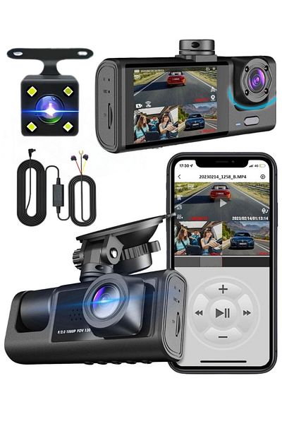 QOVU Camera de bord 1080P, 3 Canale, Unghi larg, Kit parcare inclus
