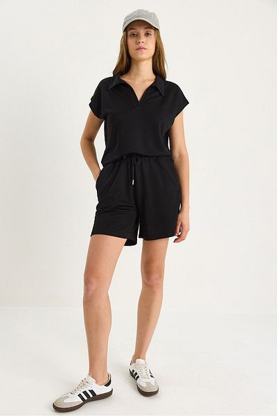 Bianco Lucci Women's Polo Neck Top with Short Shorts Modal Basic Bottom-Top Set 1325 60283470