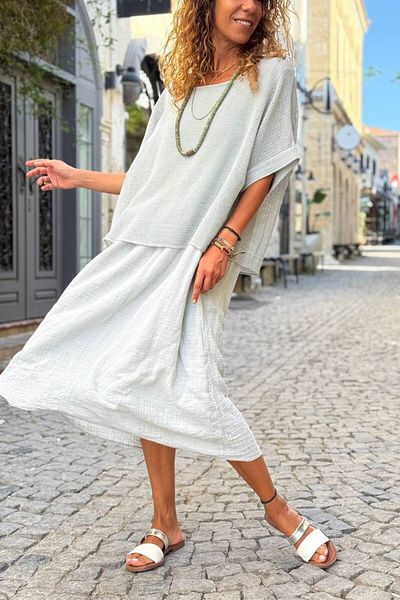 Güneşkızı Italian Gray Boat Neck Short Sleeve Double Layer Mesh Detailed Linen Loose Woven Dress 115 60