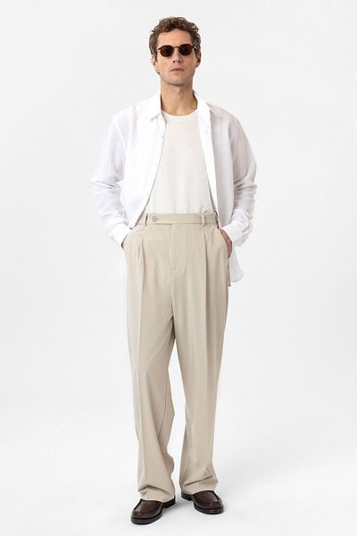 Antioch Beige Baggy High Waist Men's Fabric Trousers