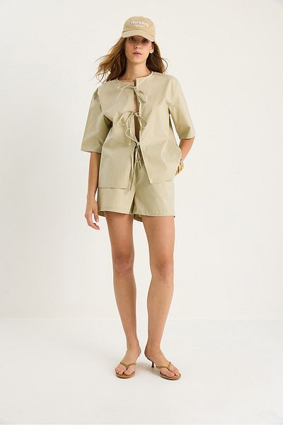 Bianco Lucci Women's Masai Tie-Up Shirt Elastic Waist Pocket Detailed Shorts Poplin Suit 9371 60281097