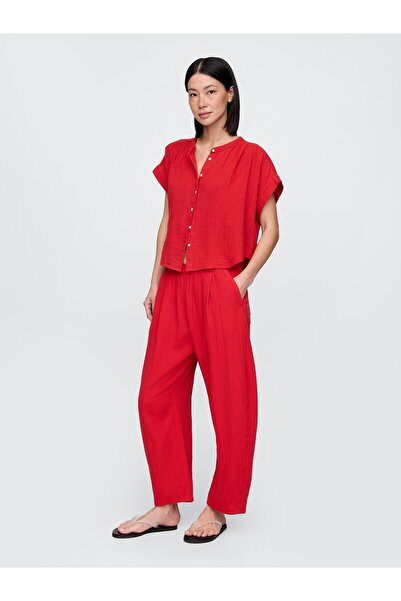 GAP Kadın Kırmızı Crinkle Gauze Easy Barrel Pantolon