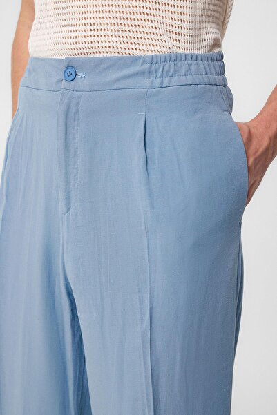 Antioch Açık Mavi Yüksek Bel Pileli Keten Karışımlı Erkek Pantolon