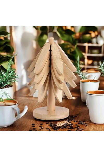 MİEN Wooden Tree Tray - Bamboo Tray - Practical Folding Tray - Bamboo Coaster - 4-Piece Stand