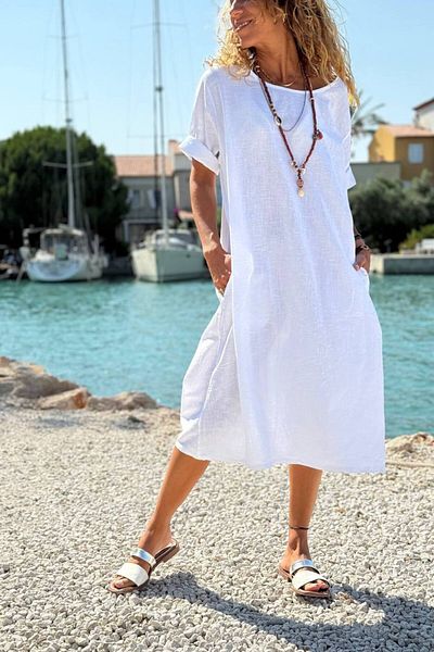 Güneşkızı Italian White Boat Neck Short Sleeve Pocket Linen Long Loose Woven Dress 118 63