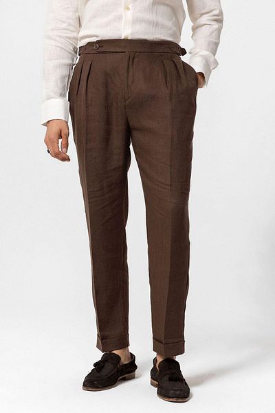 Antioch Brown High Waist 100% Linen Pleated Men's Trousers