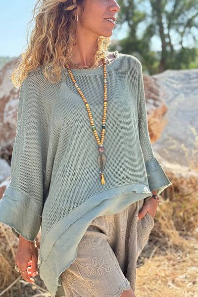 Güneşkızı Italian Khaki Boat Neck 3/4 Sleeve Lined Dirty Stitching Mesh Loose Woven Blouse 65 75