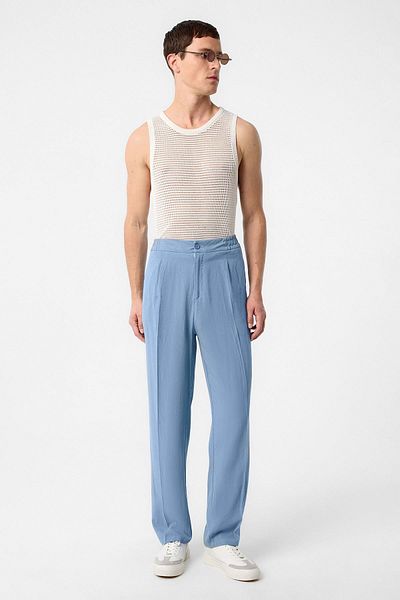 Antioch Light Blue High Waist Pleated Linen Blend Men's Trousers
