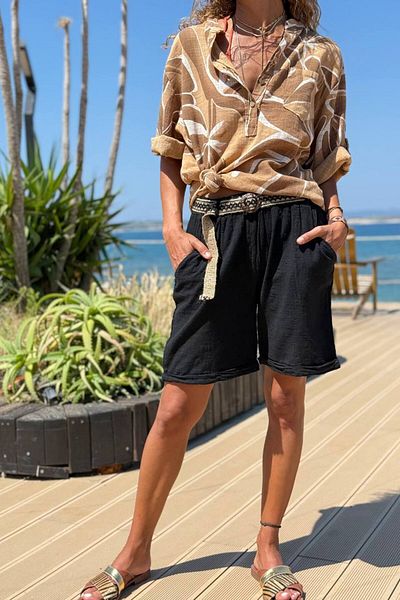 Güneşkızı Black Pocket Washed Belted Double Leg Cotton Casual Woven Shorts 30 45