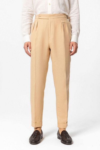 Antioch Camel High Waist 100% Linen Pleated Men's Trousers
