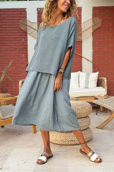 Güneşkızı Italian Anthracite Boat Neck Short Sleeve Double Layer Mesh Detailed Linen Loose Woven Dress 115 60