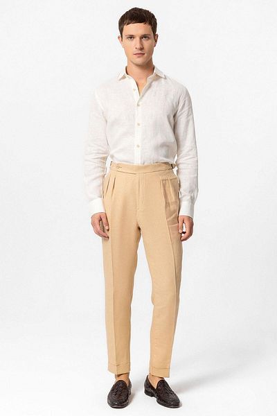 Antioch Camel High Waist 100% Linen Pleated Men's Trousers