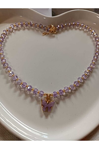 Fata Morgana Accessory Kelebek Uçlu Lila Kristal Boncuk Kolye