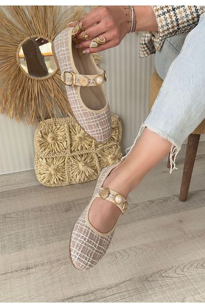 Celira Beige Linen Stone Ballerina Shoes