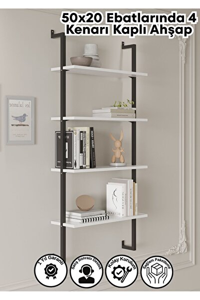 Euromob 4 Raflı Beyaz Kitaplık | Siyah Profil | Dekoratif Duvar Rafı | 50x20 Ebatında Ahşap