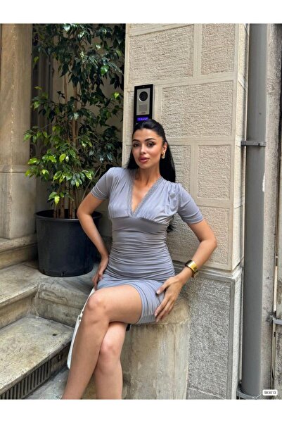 Modafeminen Ruched Short Sleeve Smocked Dress 583013 Gray