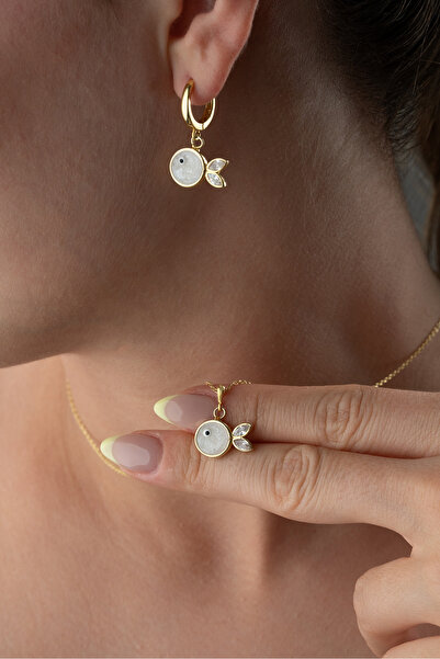 Silvano Jewelry 925 Ayar Gümüş Beyaz Mineli Balık (Kolye-Küpe) Takı Seti