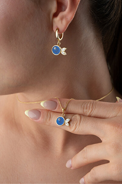 Silvano Jewelry 925 Ayar Gümüş Lacivert Mineli Balık (Kolye-Küpe) Takı Seti