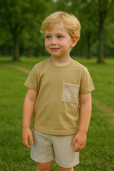 Yalçınoğlu Kids Boy's Suit I Children's Summer Suit I T-Shirt and Striped Shorts Combination Pocket Detail I Children's Clothing