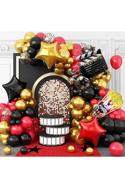 Baloane Vesele Hollywood Balloon Arch Red Black Gold 93 Pieces ARC181