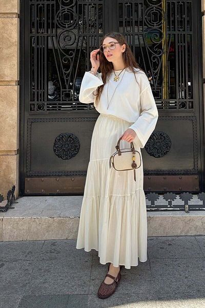 Ceylan Otantik Ecru Body & Ecru Cross Fold Skirt Set