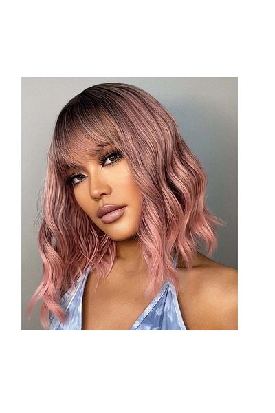 animis beauty Pink / Pink / Lilac bob wig, synthetic fiber with natural look, medium wavy hair, with bangs, 36 cm