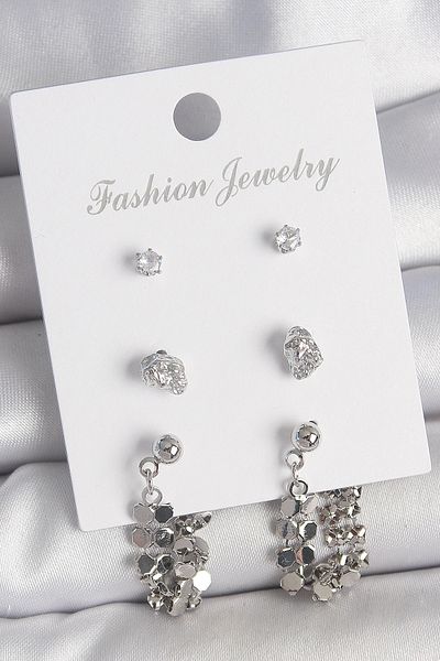 Clariss Brass Silver Color Zircon Stone Sequin Dangle Model 3 Pairs Women's Earring Set