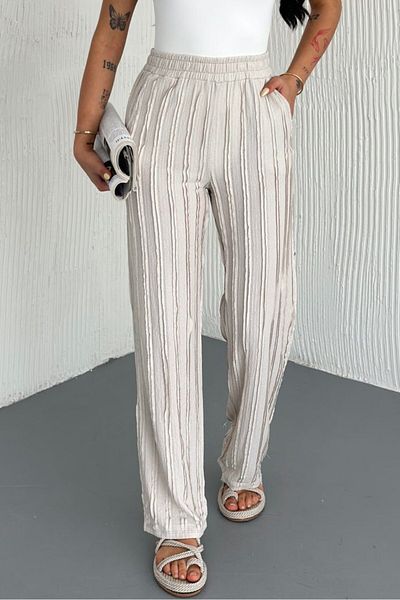 Hisleria Summer Elastic Waist Fasa Fabric Wide Leg High Waist Trousers Beige