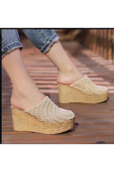 AYDOĞDU by ünal Bohemian Wicket Knitted Filled Tapucled Slippers