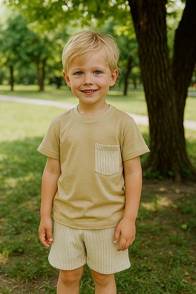 Yalçınoğlu Kids Boy's Suit I Children's Summer Suit I T-Shirt and Striped Shorts Combination Pocket Detail I Children's Clothing
