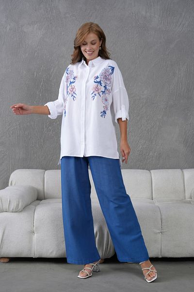 MVStore Women's Embroidery Embroidered Stone Detailed Linen Shirt