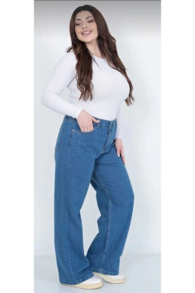 Lixera Pantaloni largi din denim Lusia, mărime mare, cu talie foarte înaltă, din lycra, albastru