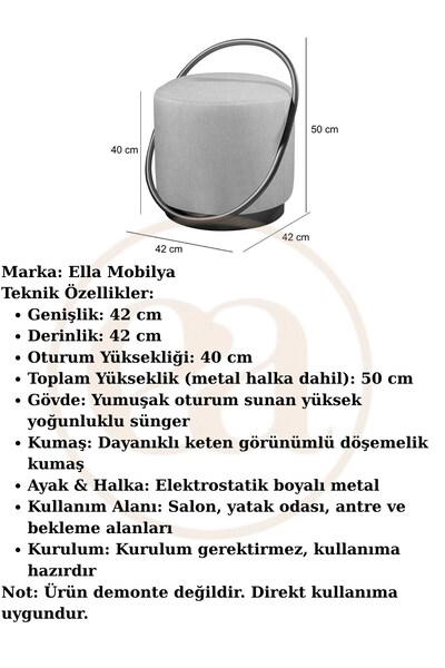 asaella mobilya Loop Serisi Puf, Metal Halkalı Puf, Makyaj Oturağı ,Puf Bench Montajsız Oturak Gold Metal Ayaklı