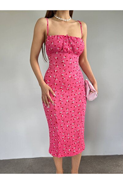 hiraz fashion ÇİÇEK DESENLİ PEMBE ELBİSE