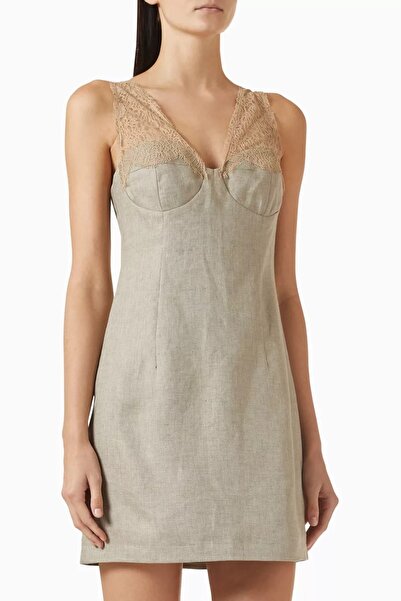 12storeez Lace Trim Strap Linen Dress, Elegant and Structured Design