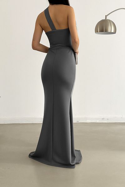 Deafox Dark Gray Scuba Fabric Diagonal Collar Strap Fish Dress Evening Dress