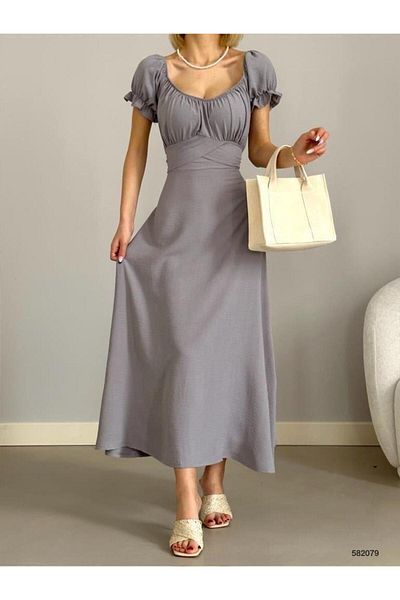 Modafeminen Rochie cu guler Madonna cu mâneci cu centură și elastică GRI 582079