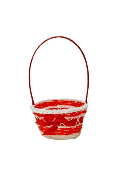 OEM Woven plastic basket with handle, white with red ribbon, diameter 15 cm
