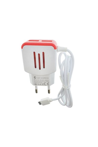 OEM Euro wall charger, 2 USB ports, DC 5V 3.1A, LED, 85 cm cable with microUSB connector