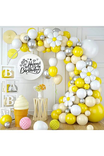 Baloane Vesele Balloon Arch Event Yellow White With Popcorn 115 Pieces ARC77