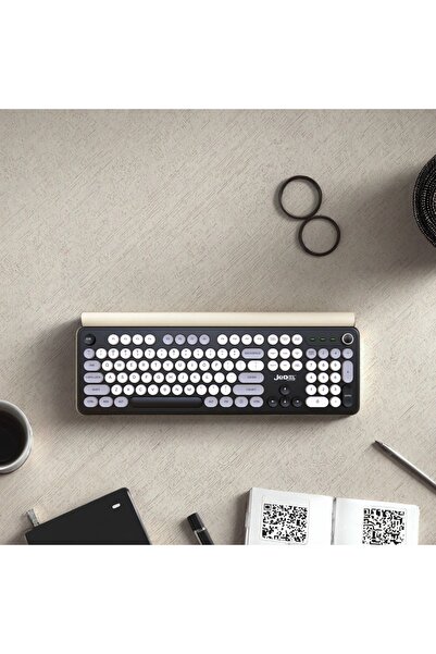 gaman Siyah-Beyaz Kablosuz Retro Renkli Daktilo Tuşlu Klavye Renkli Türkçe Q Multimedia Klavye WKB104
