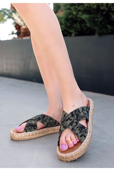 Zerenyus Jinor Khaki Green Linen Espadrille Slippers