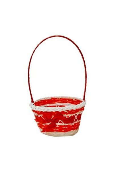 OEM Woven plastic basket with handle, white with red ribbon, diameter 15 cm