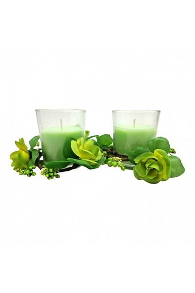 OEM Set 2 lumânări parfumate în cupă de sticlă decorată cu flori, cutie cadou, verde